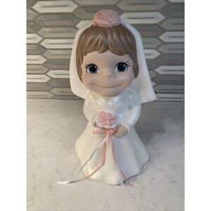 Vintage Atlantic Mold Hand Painted Ceramic Bride Brown Hair Pink Flowers 9”